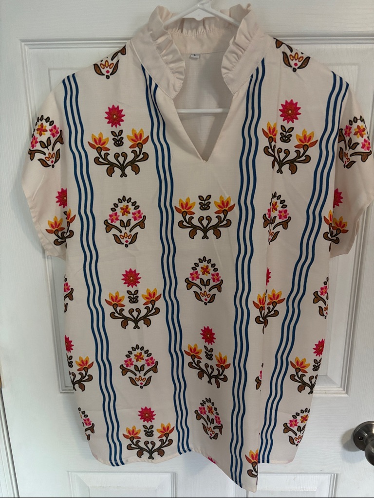 Cream Ruffled V-Neck Tunic With Blue Stripe & Floral Block Print.